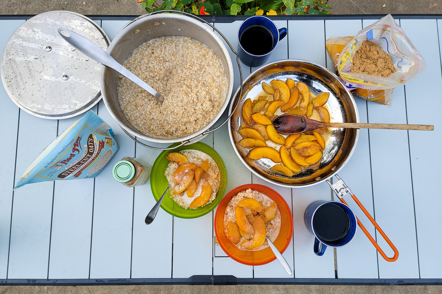 Steel-cut oats with peaches & cream in the GSI Outdoor Stainless Troop Cookset
