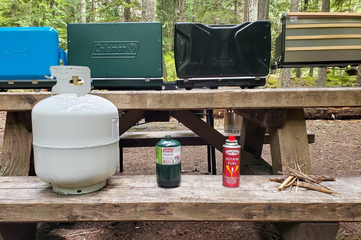 Comparing stove fuel: A 20 lb. propane tank, a 1 lb. propane canister, a butane canister, and foraged wood