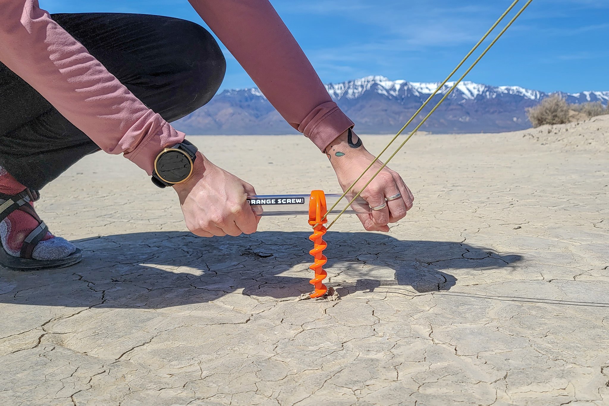 Closeup of the Orangescrew Anchor being used in the Alvord Desert