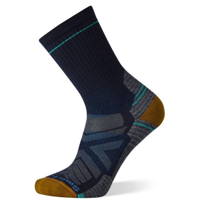 Black, and grey crew sock with teal and gold accents