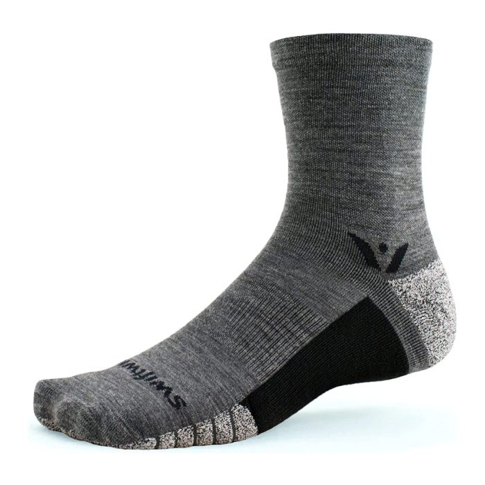Grey crew-length sock with a black sole