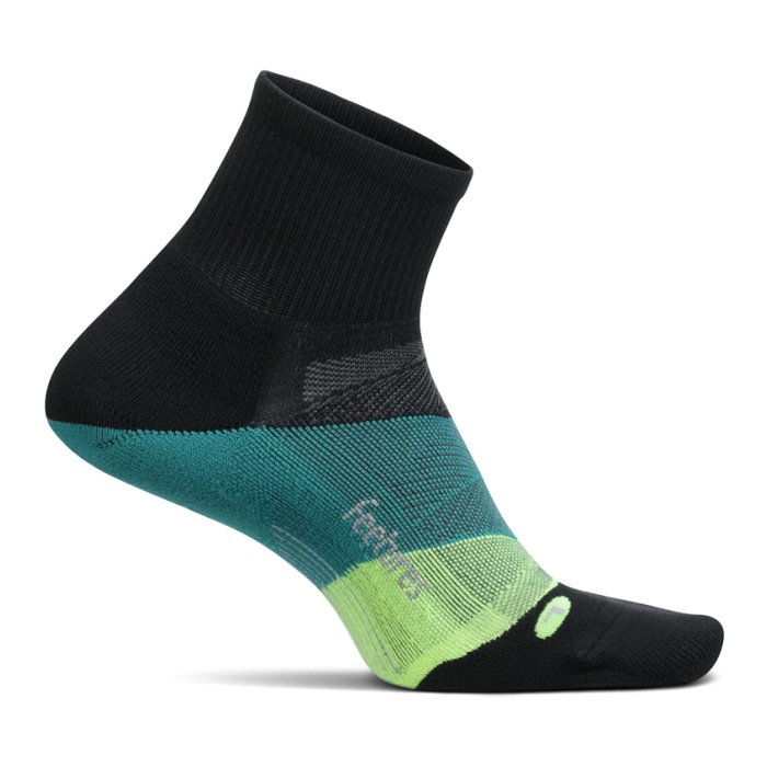 Black quarter-length sock with green and teal accents