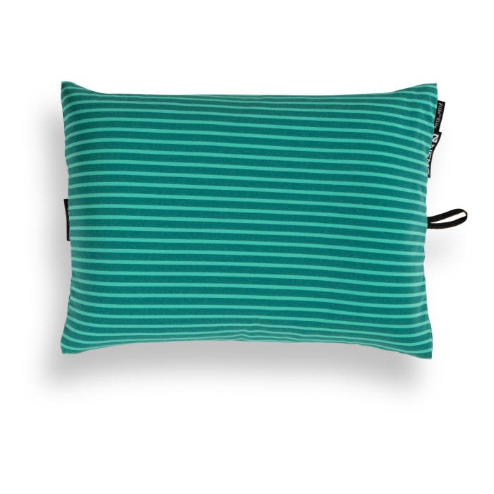 Teal striped backpacking pillow that is filled up with air