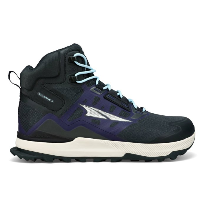 Navy blue hiking boot with white sole and accents