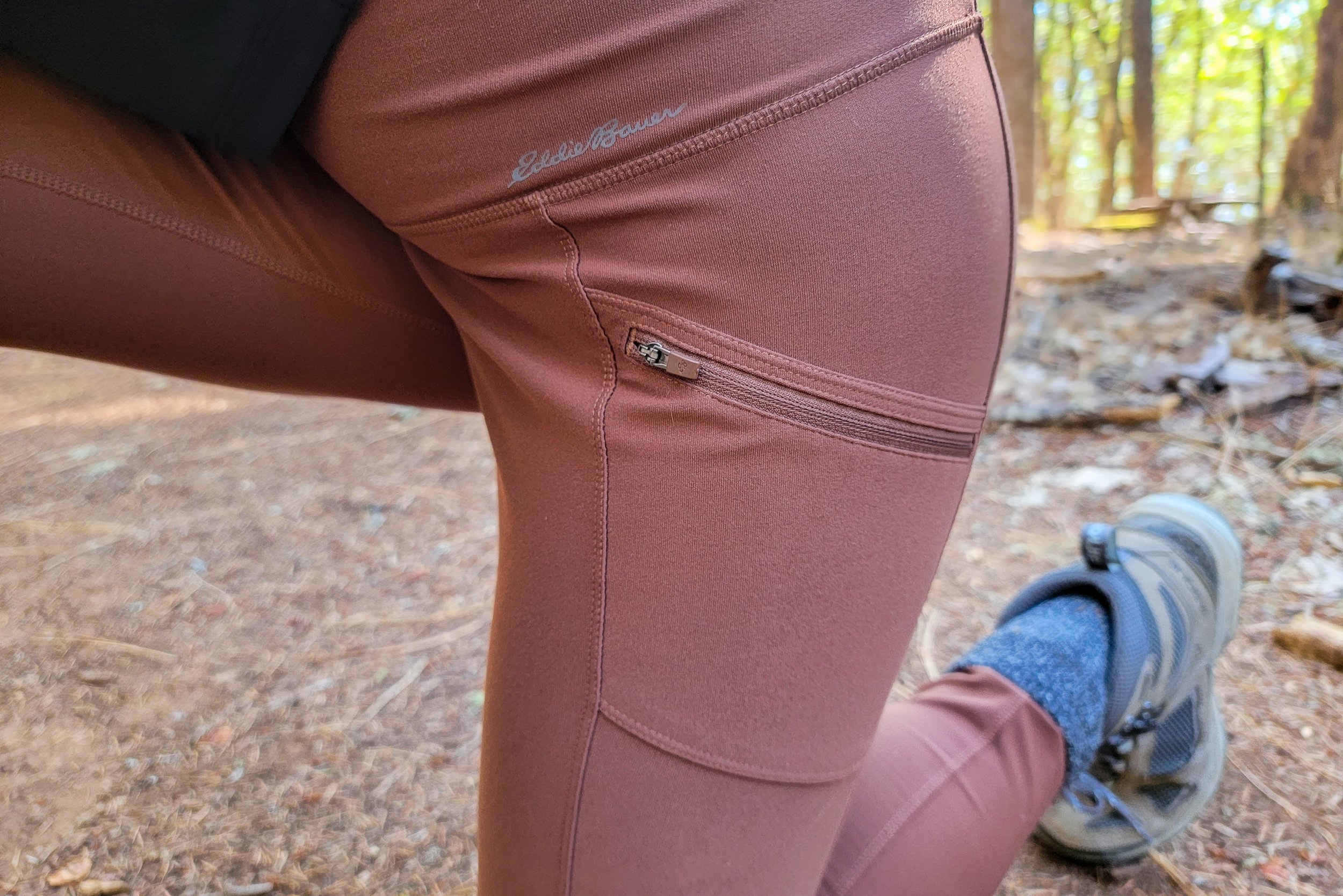 Closeup of one of the zippered pockets on the Eddie Bauer Trail Tights