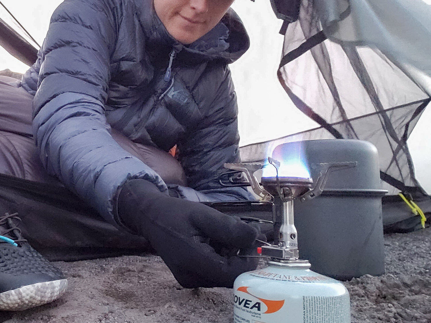 Closeup of a backpacking stove.