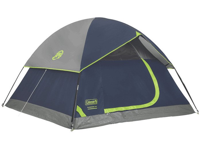 Coleman Sundome 4. Navy and grey tent with green accents