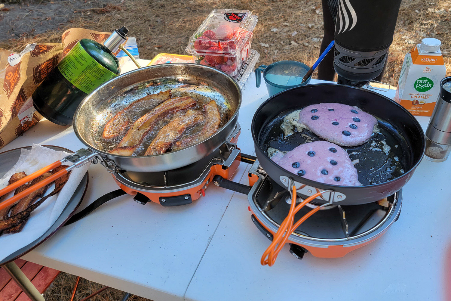 Cooking bacon & blueberry pancakes with the Jetboil Genesis Basecamp System