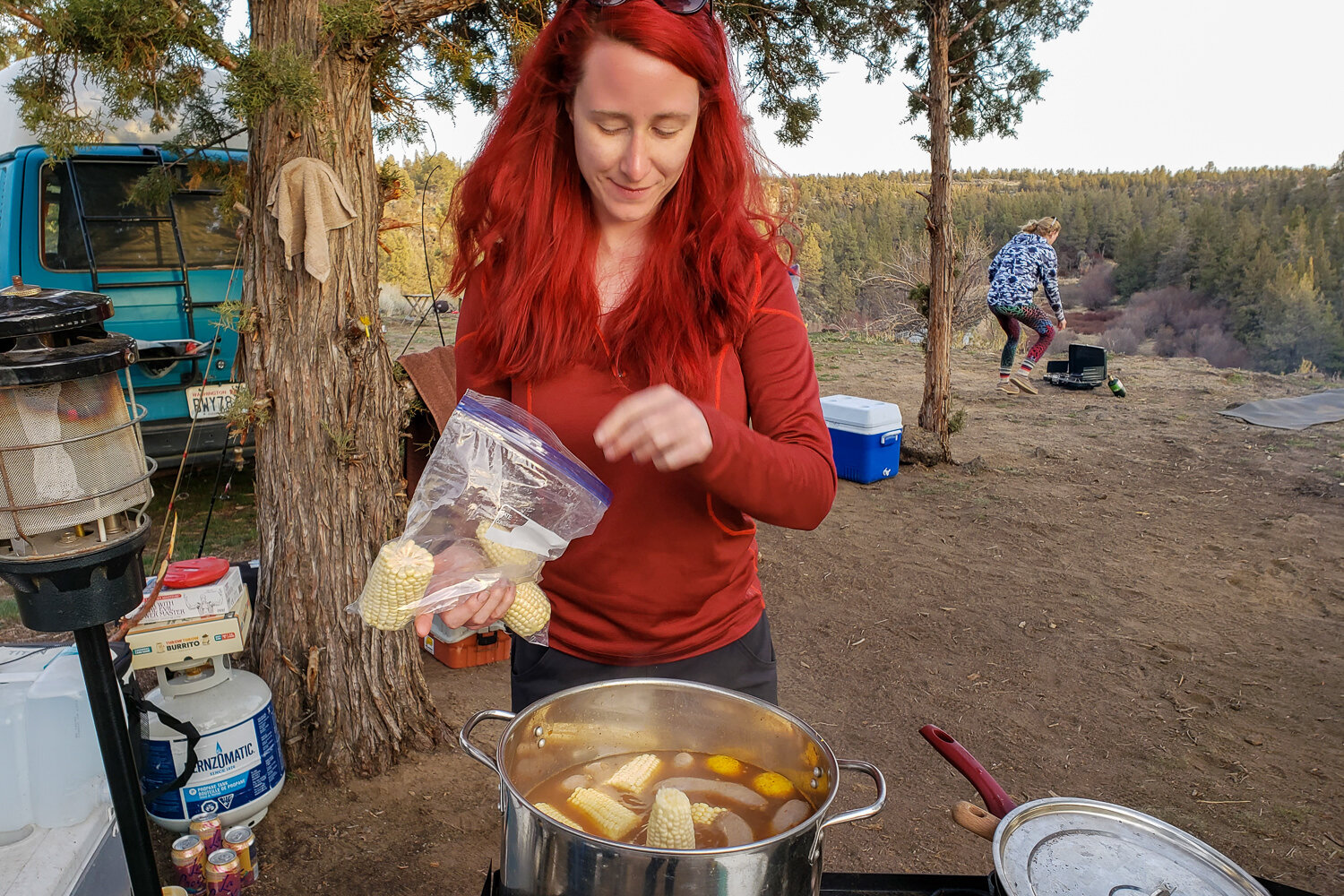 To make things easier, you can prep low-boil ingredients at home & simply add them to the pot in the campsite