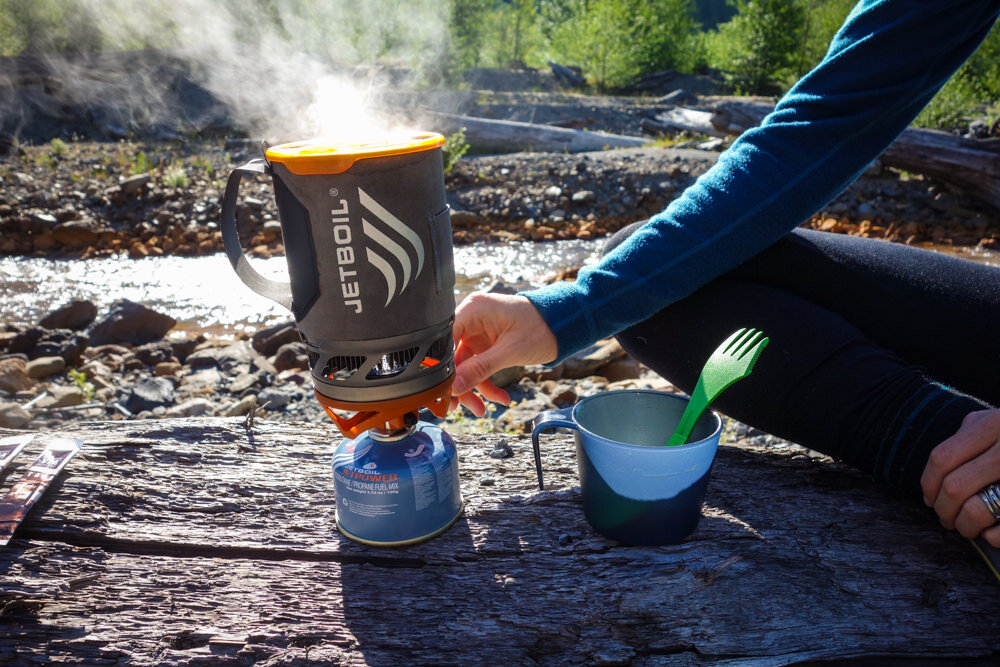 Our favorite stove system: JetBoil Flash, our favorite camp cup: GSI Stacking Cup