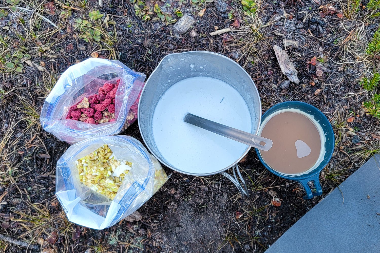 Top-down view of a simple cereal backpacking breakfast