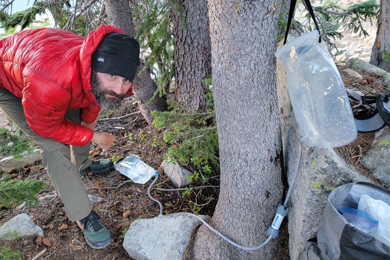 A backpacking using the Platypus GravityWorks in camp