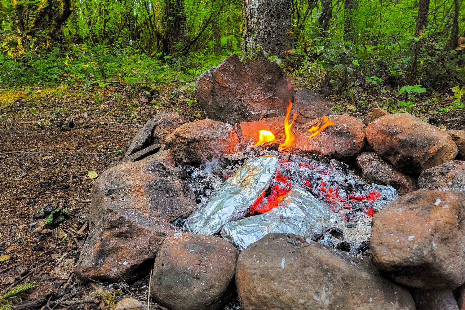 Foil packet meals cooking over a bed of embers on the edge of a campfire