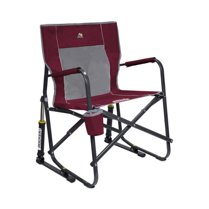 Maroon and grey camping chair with mesh back, black metal frame, and cloth cupholder