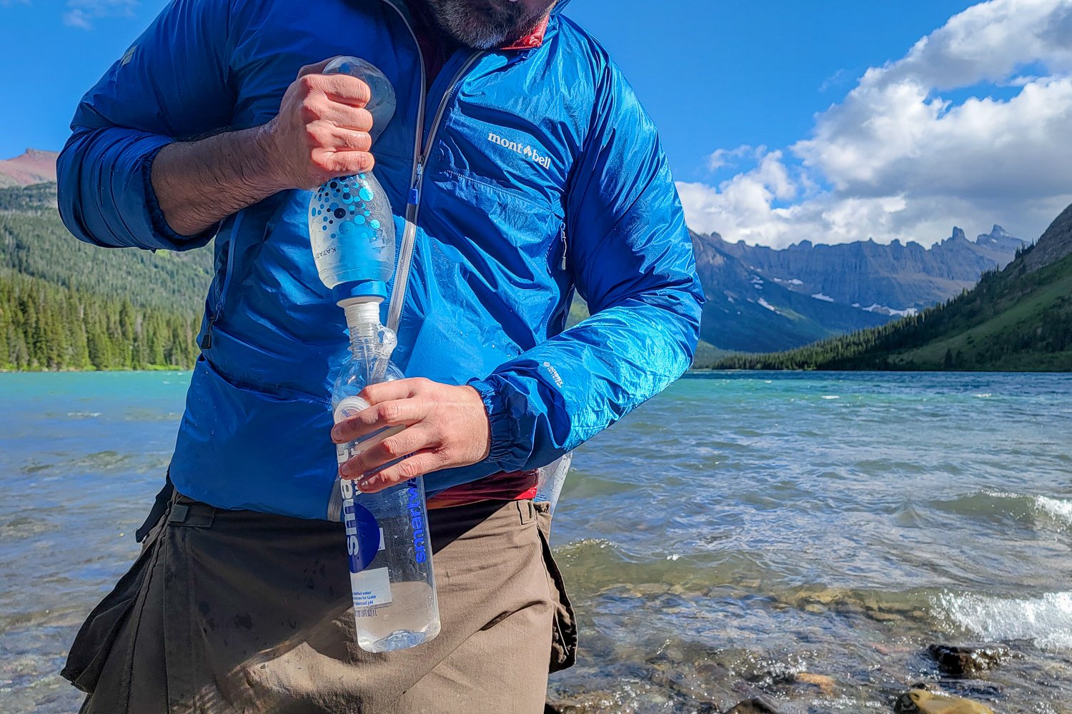 Closeup of a backpacking using the Katadyn BeFree water filter in Glacier National Park