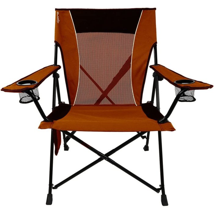 Orange camping chair with cupholders, a mesh back, and black legs and detailing