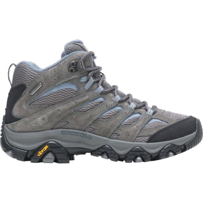 Light grey hiking boots with a dark grey toe and light blue accents