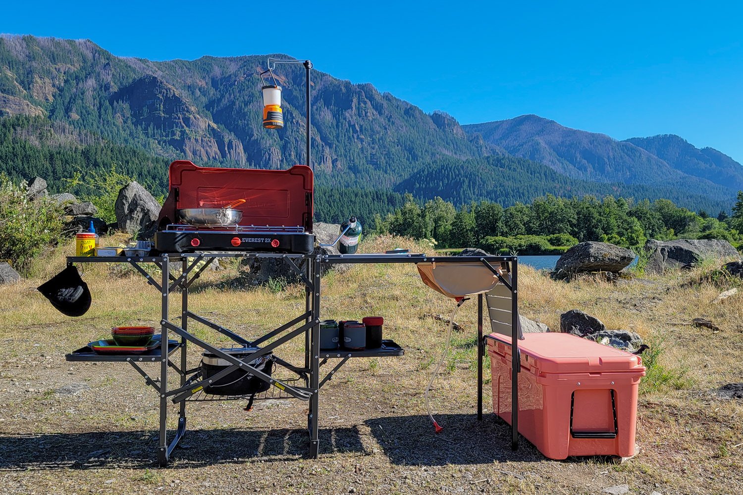 The GCI Master Cook Station all set up for camp cooking in the Columbia River Gorge