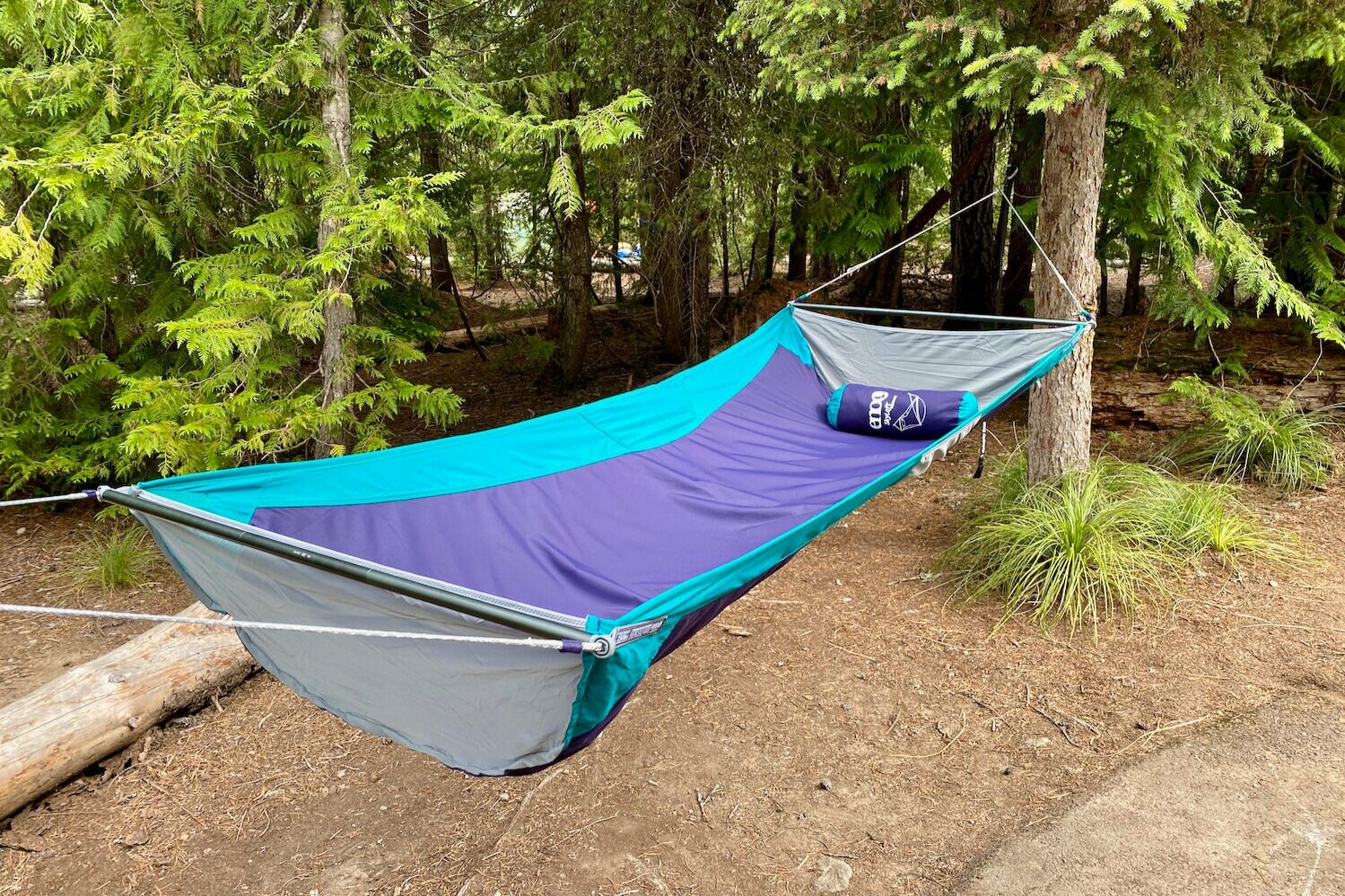 The luxurious ENO Skyloft is our favorite hammock for car camping because it’s spacious and can be used in a more upright position for lounging
