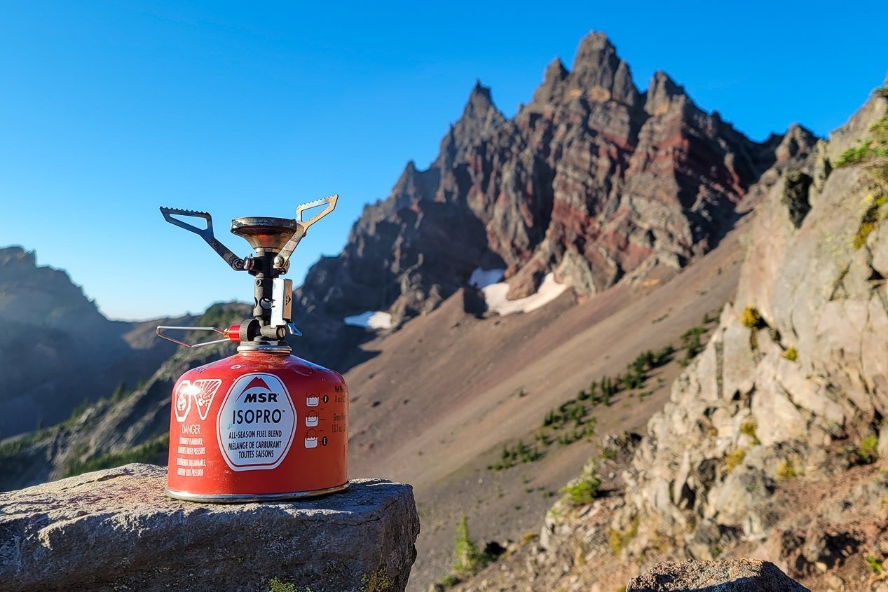 Closeup of the MSR Pocket Rocket 2 Stove in front of Three-Fingered Jack Mountain
