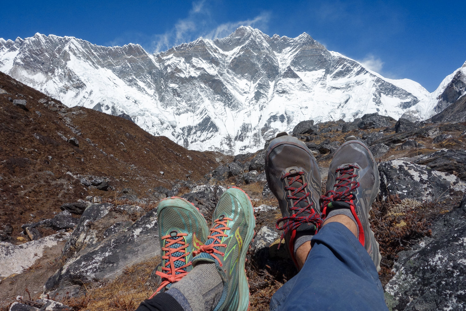 A PREVIOUS VERSION OF THE MEN’S AND WOMEN’S Saucony Peregrines ON THE EVEREST 3 PASSES LOOP IN NEPAL