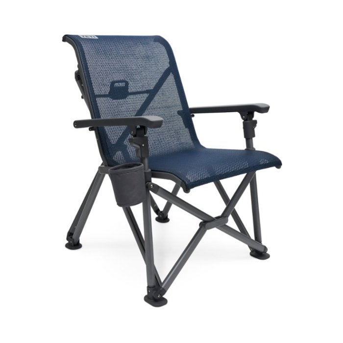 Navy blue mesh vamping chair with solid black armrests, legs and armrest cupholder